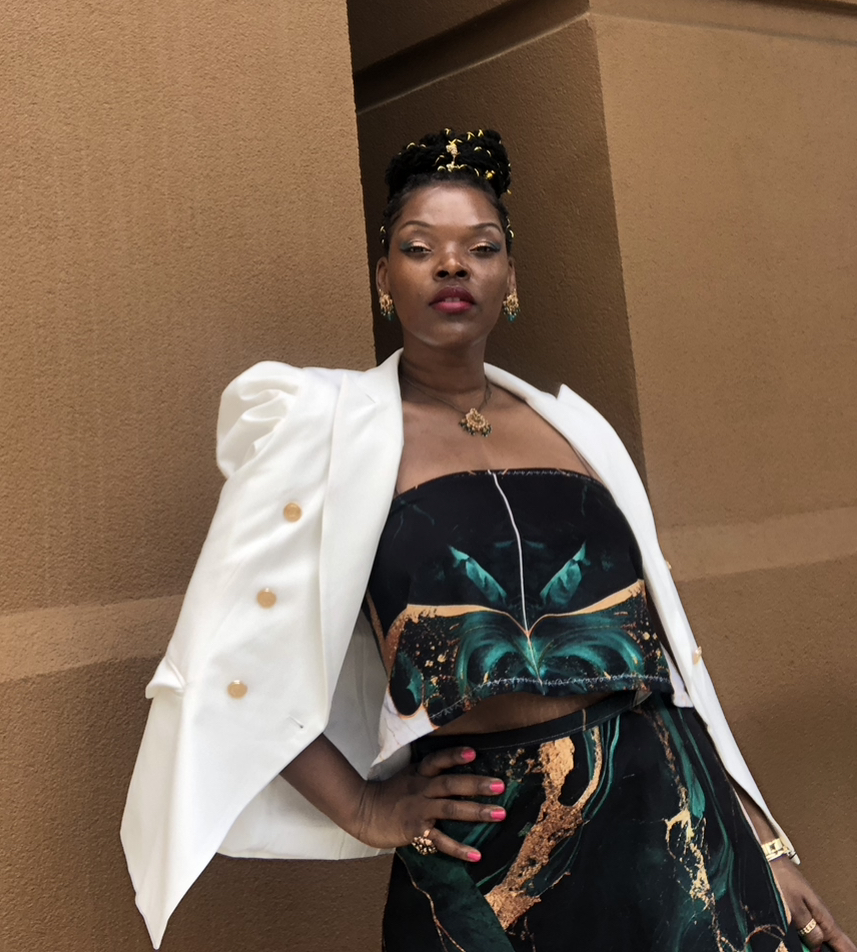 Sheridonna Wearing custom Sheridonna Designs Two piece skirt set ensemble with white tailored Blazer