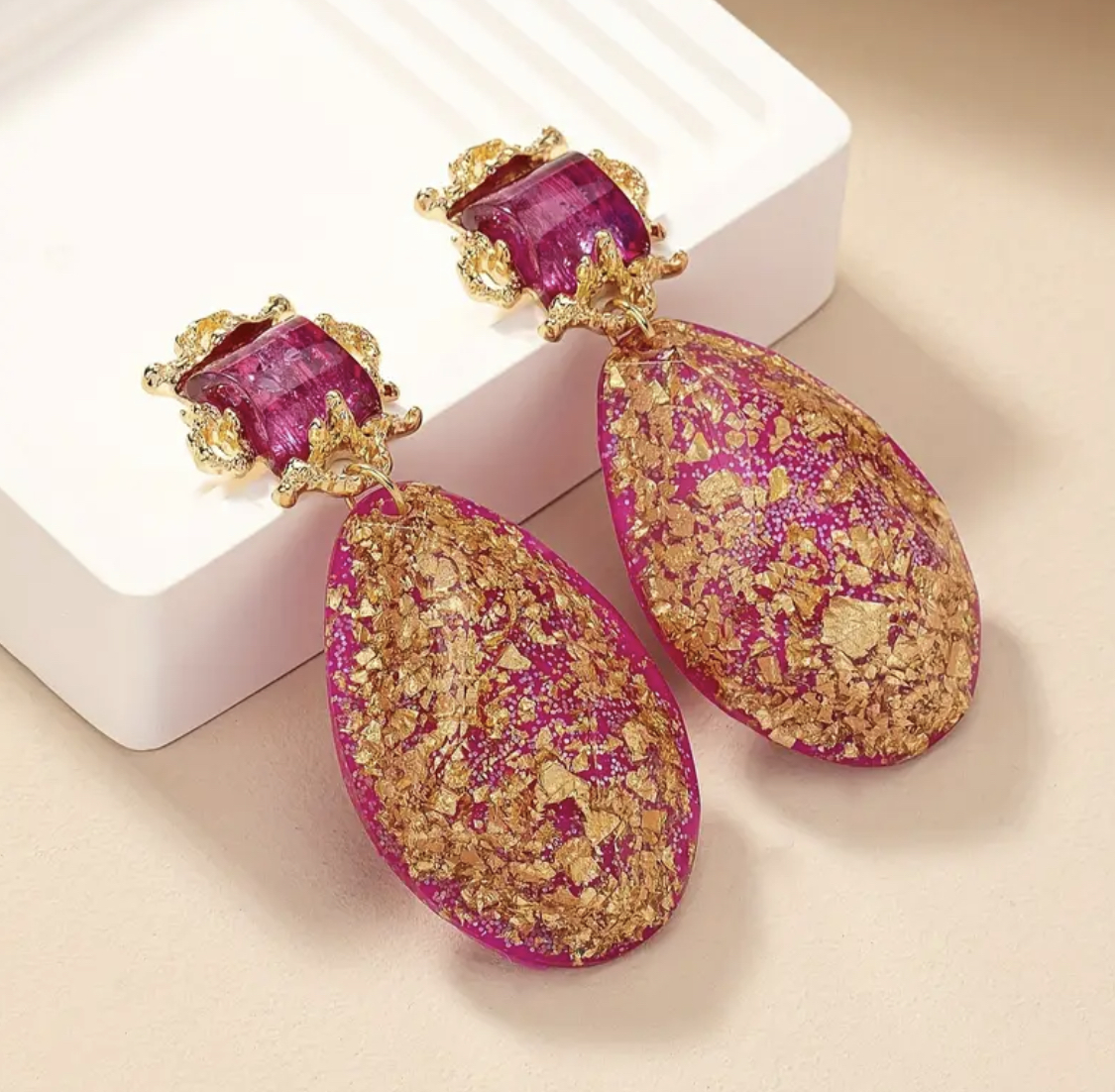 Vibrant Bohemian Droplet Earrings: 18K Plated Resin Dangles - Image 6