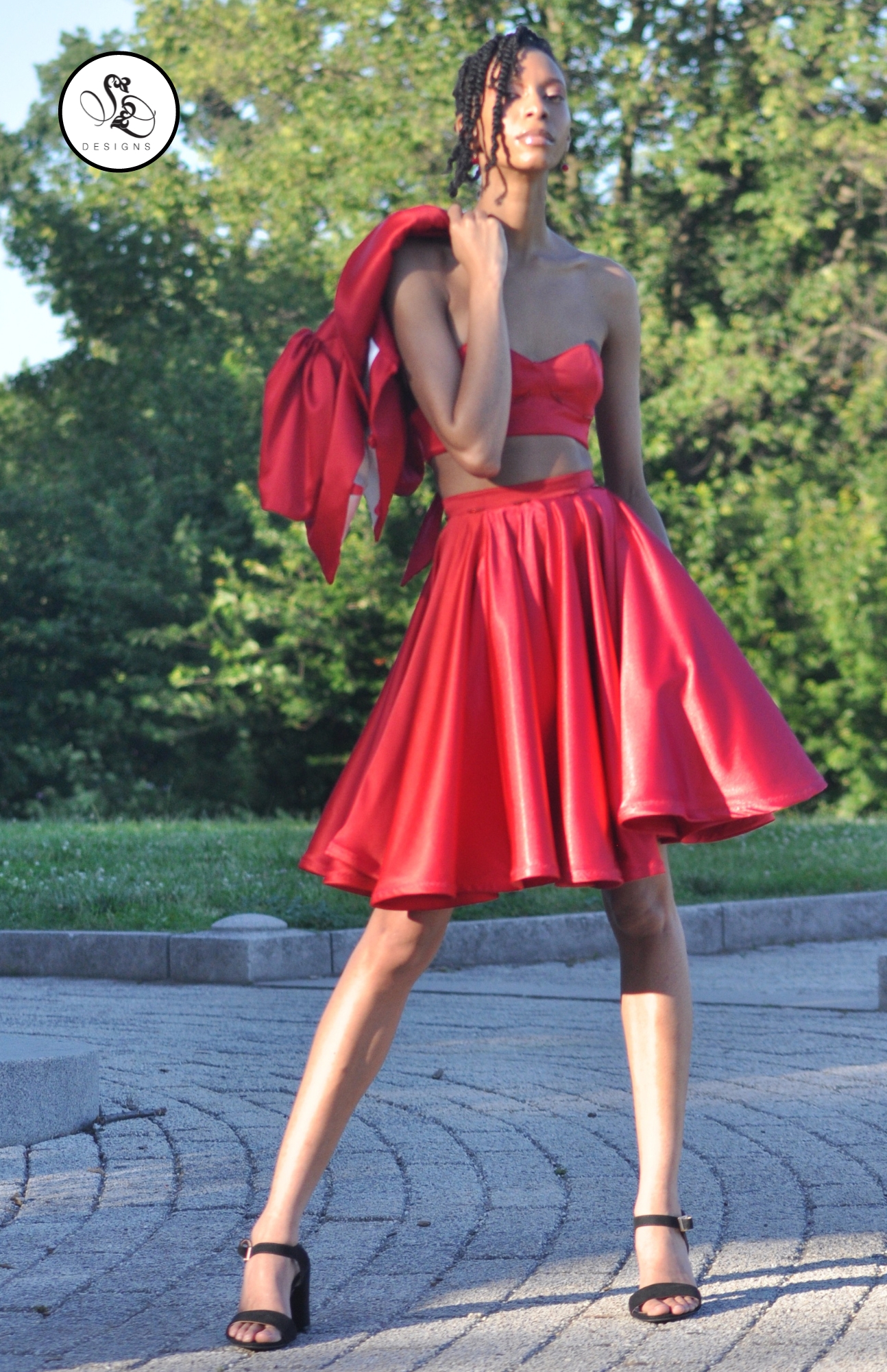 Sheridonna Design 3 piece red satin Ensemble full length