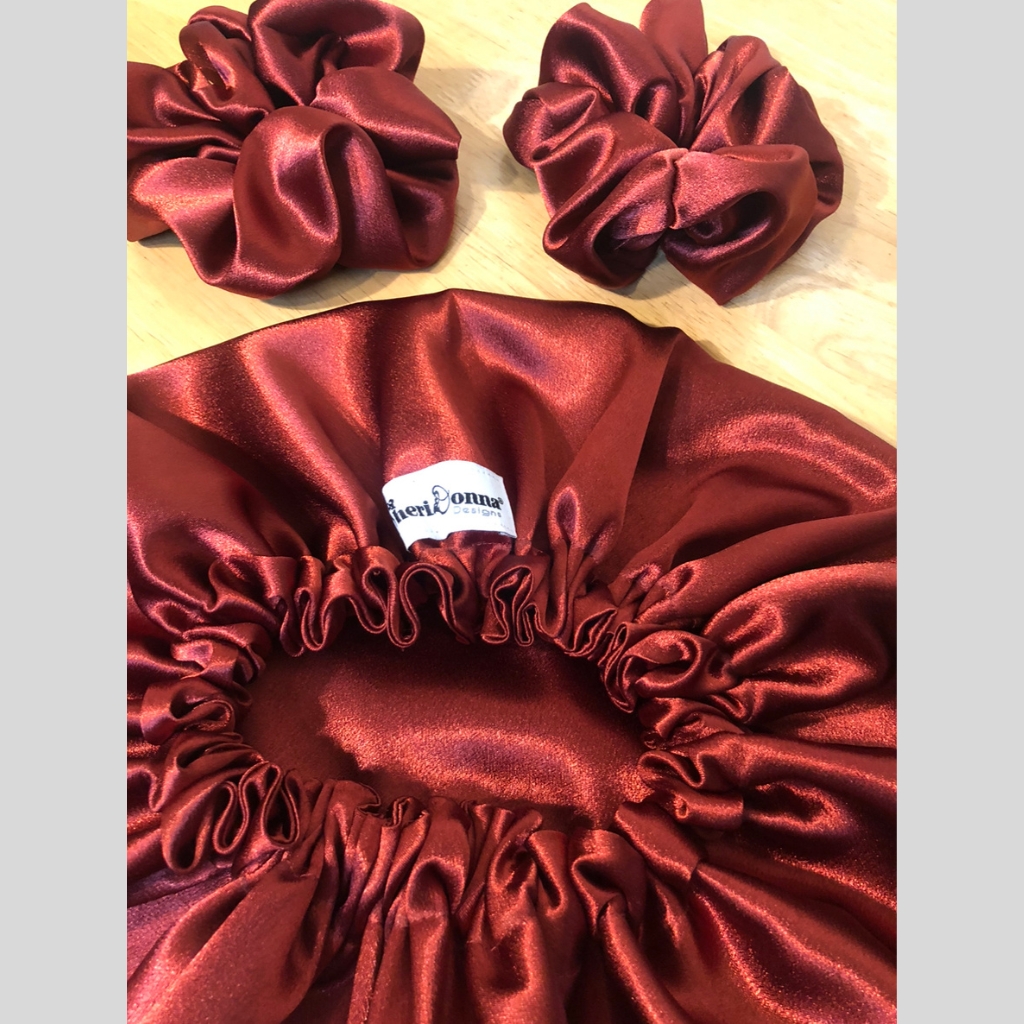 Bonnet and two Red Scrunchies Sheridonna Designs