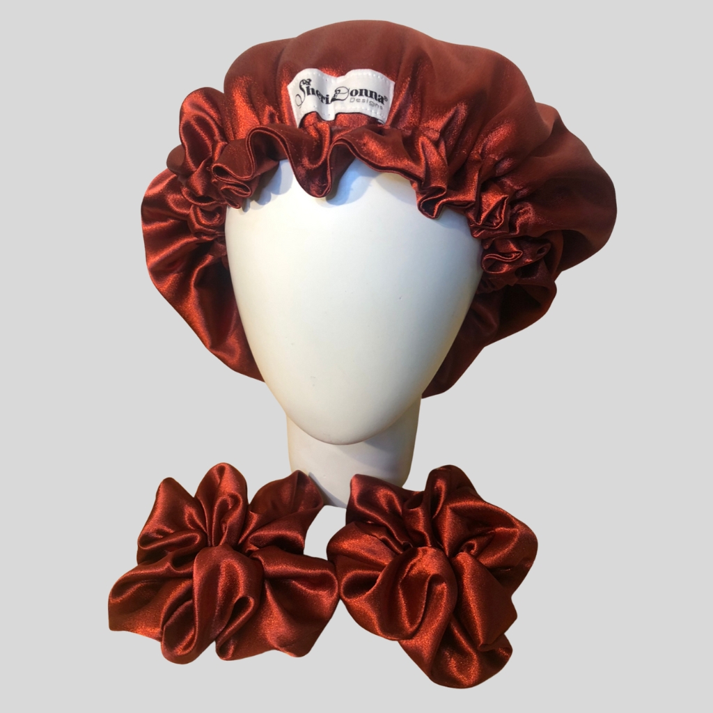 Luxurious Red Satin Bonnet & Scrunchies Set | Sheridonna Designs - Image 2