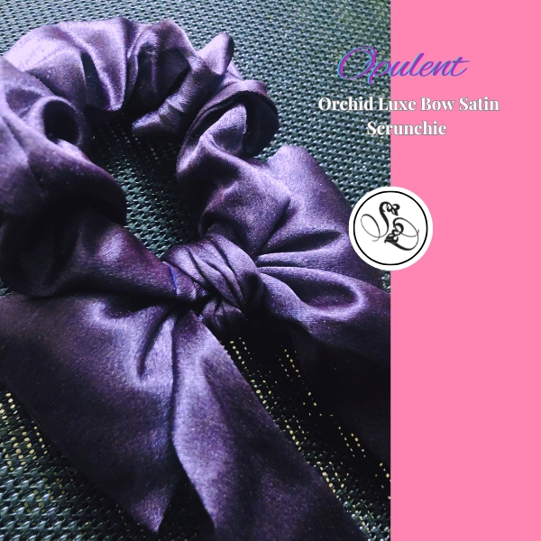 Opulent Orchid Luxe Bow Satin Scrunchie Side Image by Sheridonna Designs