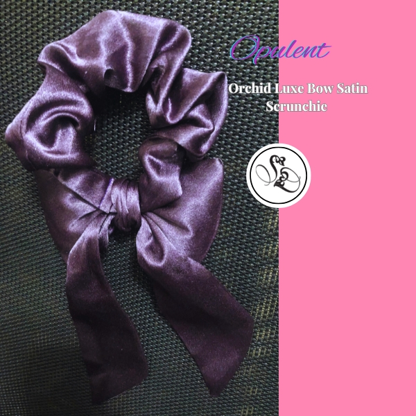 Opulent Orchid Luxe Bow Satin Scrunchie_Front Full Image by Sheridonna Designs
