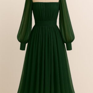 Front view of The Felicia Chiffon Signature Dress by Sheridonna Designs, a knee-length chiffon dress with bishop sleeves in a luxury designer style.