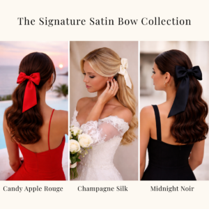 Luxury satin bow hair accessories by Sheridonna Designs in red, champagne, and black, styled for elegant and modern women