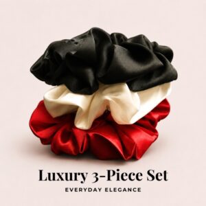 Luxury satin scrunchie 3 piece set in red white and black stacked elegant display