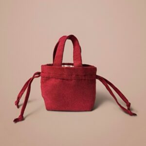Wine red mini suede drawstring bag with top handles, luxury small handbag by Sheridonna Designs